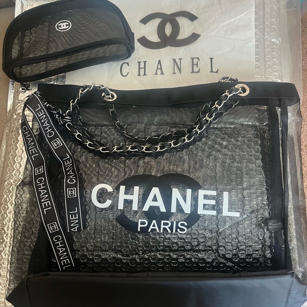 Chanel Black Mesh Tote and Pouch Set
